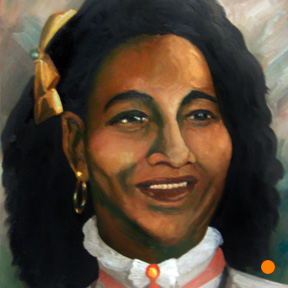 photo of woman with bow in hair oil painting