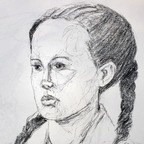 photo of young woman with pigtails charcoal drawing