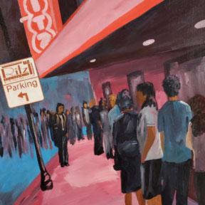 photo of people standing in line for concert painting