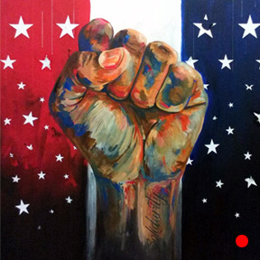 photo of clinched fist and tattoo with American flag