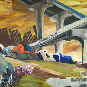photo of homeless people under bridge painting